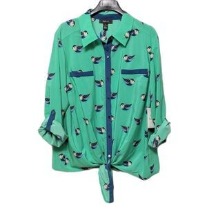 NWT STYLE & CO Green Bird Tie Front Top XL
